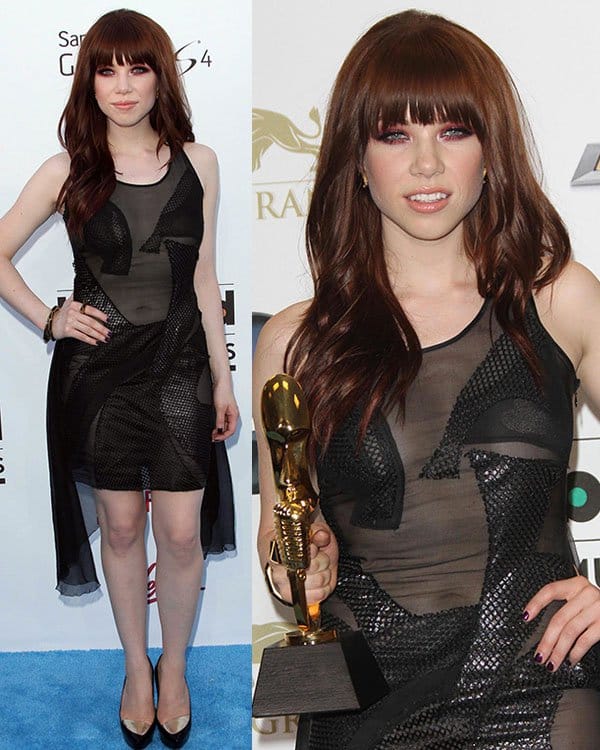 Carly Rae Jepsen rocks a daring black mesh Dyanthe dress with cleverly placed panels, showcasing an edgy look at the 2013 Billboard Music Awards