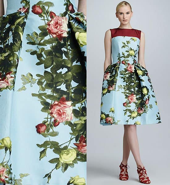Carolina Herrera elegantly captures the essence of couch couture with this floral jacquard dress featuring a voluminous skirt
