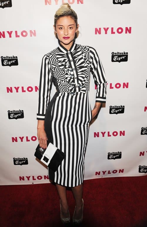 Caroline D'Amore dons a strikingly striped dress with ruffle detail at NYLON Magazine's Young Hollywood Party, Roosevelt Hotel, Hollywood, May 14, 2013