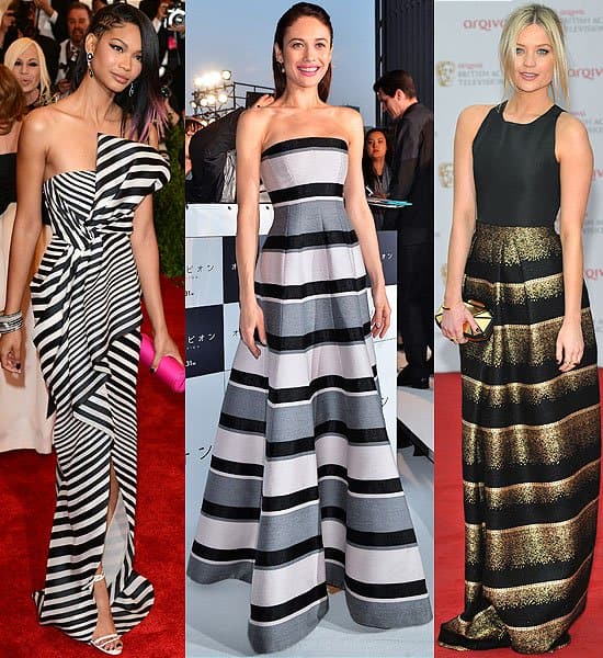 Chanel Iman, Olga Kurylenko, and Laura Whitmore dazzle in striped gowns at the 2013 Met Gala, 'Oblivion' Japan premiere, and TV BAFTAs, showcasing the elegance and versatility of stripes in formal wear