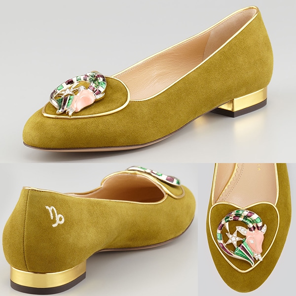 Charlotte Olympia Birthday Capricorn Zodiac Suede Smoking Slipper in Moss