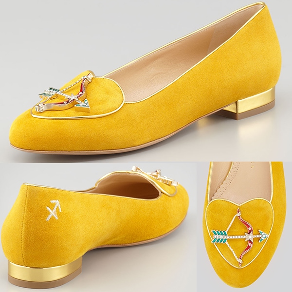 Charlotte Olympia Birthday Sagittarius Zodiac Suede Smoking Slipper in Mustard