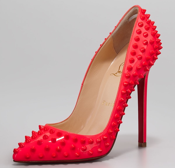 Christian Louboutin Pigalle Spikes Fluorescent Patent Red Sole Pumps