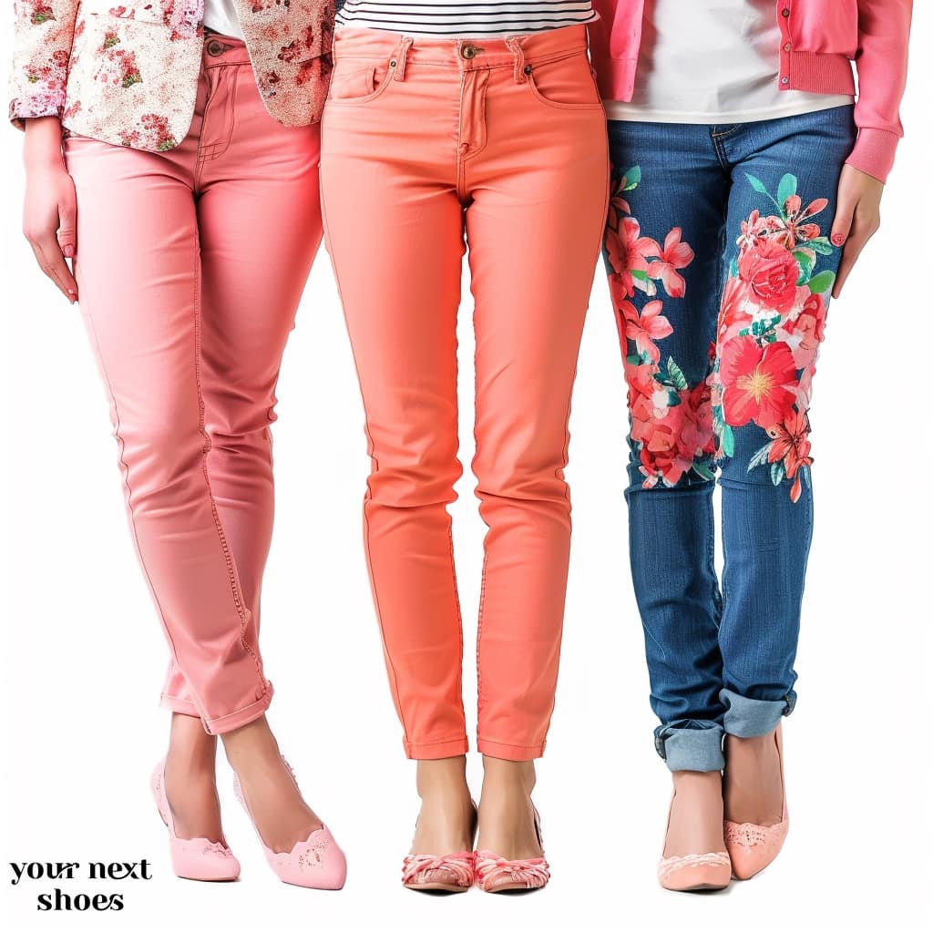 Three trendy friends showcase their personal style with slim-fit pants in varying shades of pink and coral, complemented by floral accents and playful footwear