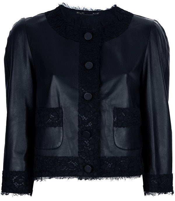 Close-up of the $3,095 Dolce & Gabbana leather and lace cropped jacket worn by Stacy Keibler at the store opening event