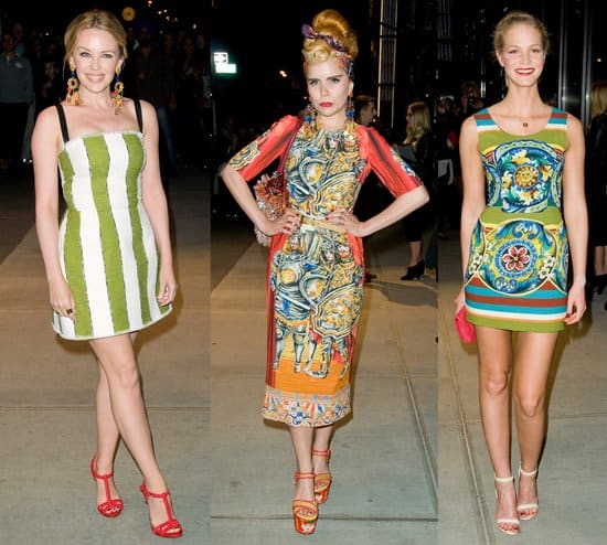 Kylie stuns in a green-and-white striped mini dress with red strappy sandals, Paloma captivates in a medieval-inspired orange midi dress with matching heels, and Erin dazzles in a colorful, medallion-print shift dress paired with white platform sandals