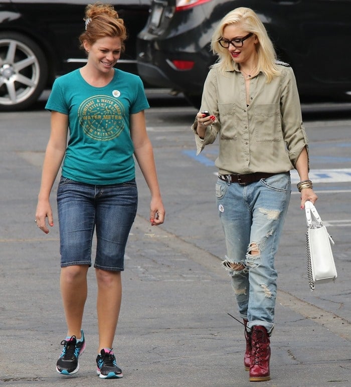 Rocker-chic Gwen Stefani in killer lace-up booties on her way to pick up her kids from school
