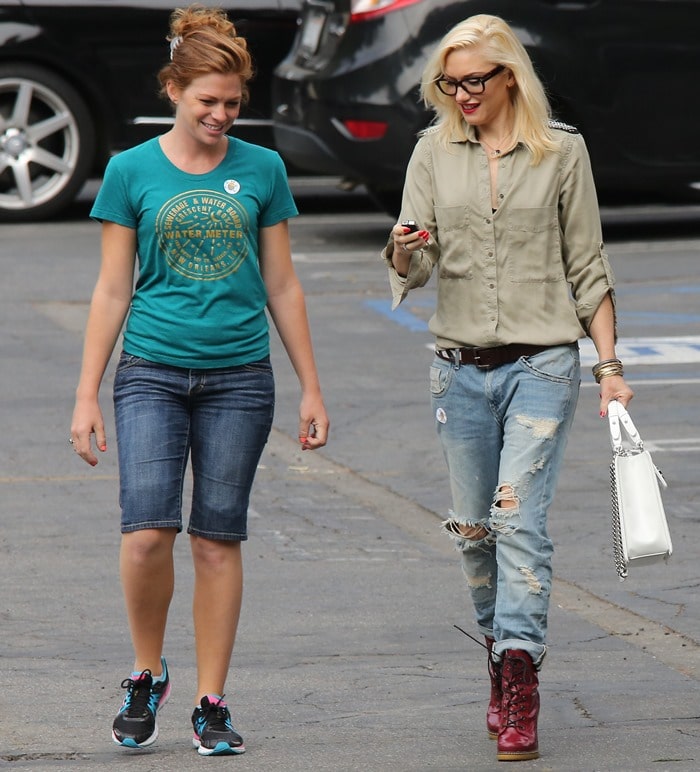 Gwen Stefani nails the rocker-chic look with edgy lace-up booties while on a school run, May 21, 2013