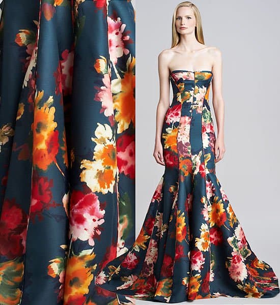 An opulent display of floral mastery, this strapless gown by J. Mendel makes a dramatic statement with its vibrant couch-like print