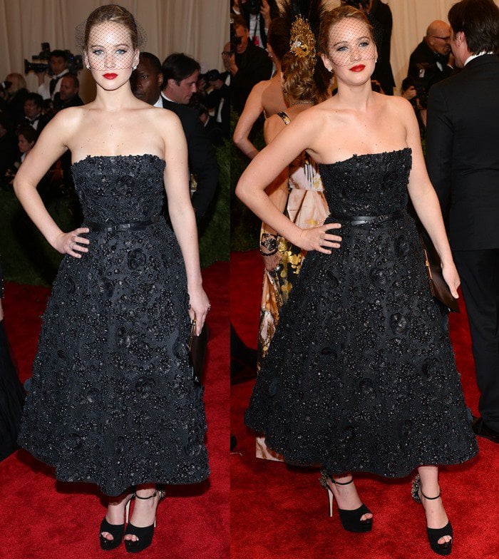 Jennifer Lawrence on the red carpet at the 2013 Met Gala held at the Metropolitan Museum of Art in New York City on May 6, 2013