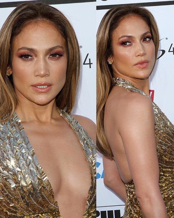 Jennifer Lopez dazzled with her sleek, center-parted hair and glowing makeup, perfectly complementing her plunging, gold-sequined Zuhair Murad gown