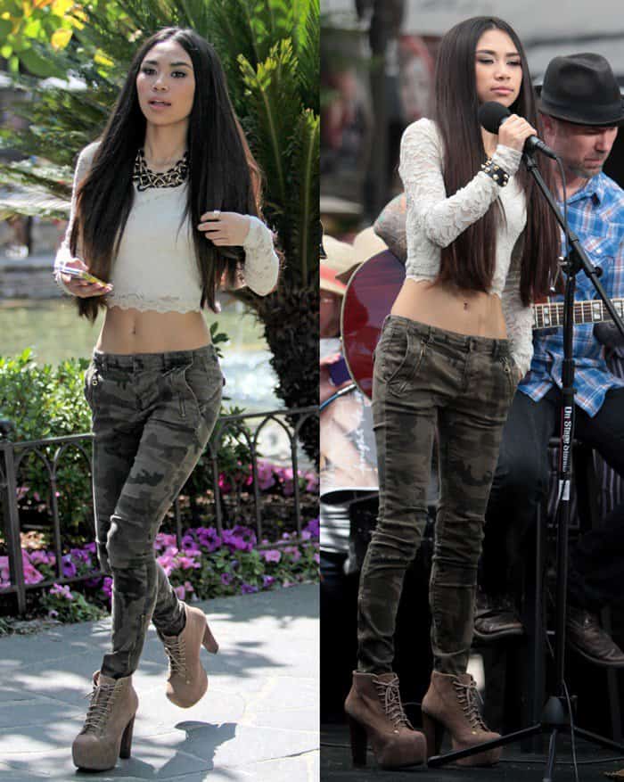 Jessica Sanchez's midriff-baring outfit included skinny jeans and a long-sleeve top