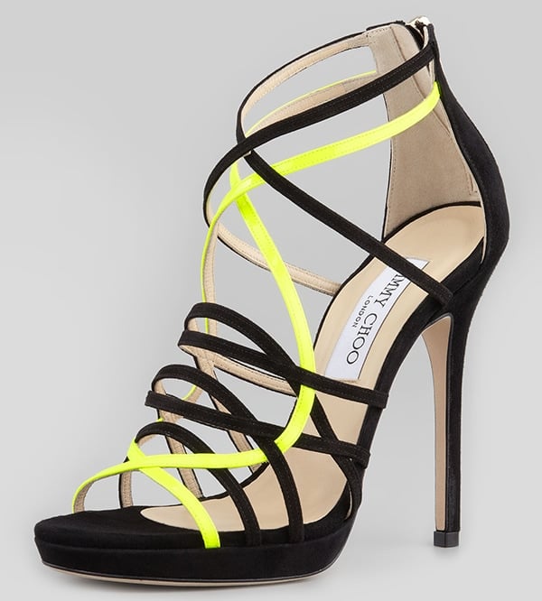 Neon straps add powerful pop to the Myth sandal by Jimmy Choo