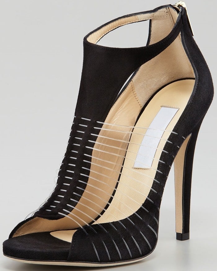 Jimmy Choo mixes textures with this black suede T-strap Taste sandal finished with invisible wire straps