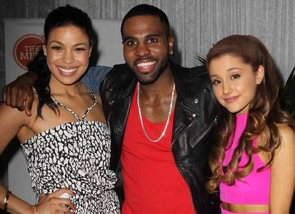 Jordin Sparks, Jason Derulo, and Ariana Grande share a moment at the 2013 Wango Tango, hosted by 102.7 KIIS FM in Los Angeles, dated May 11, 2013