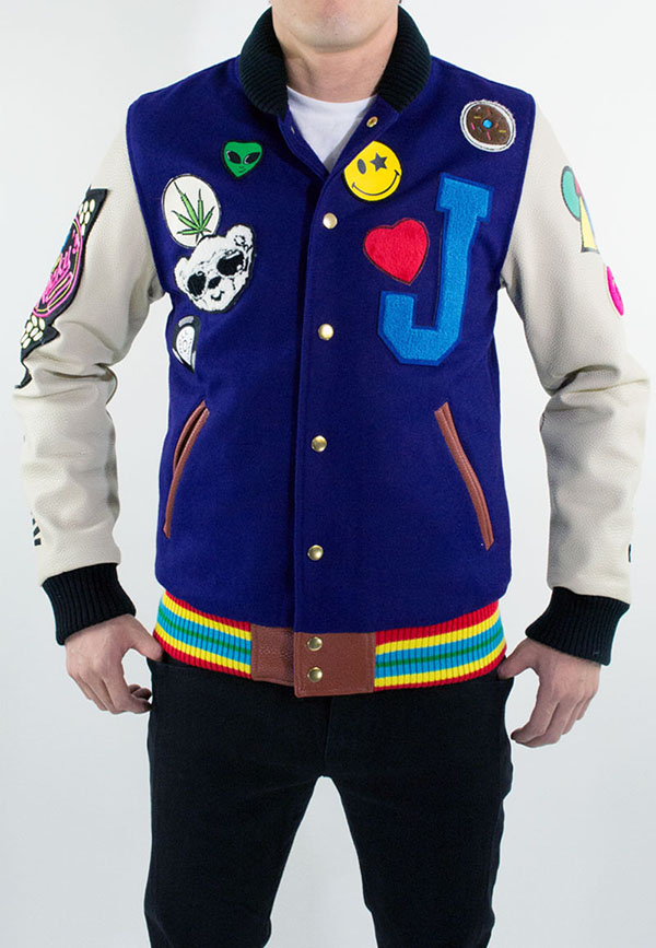 Close-up of the Joyrich x Dee & Ricky Fall 2012 Plush Puff Varsity Jacket featuring vibrant colors and 3D plush details