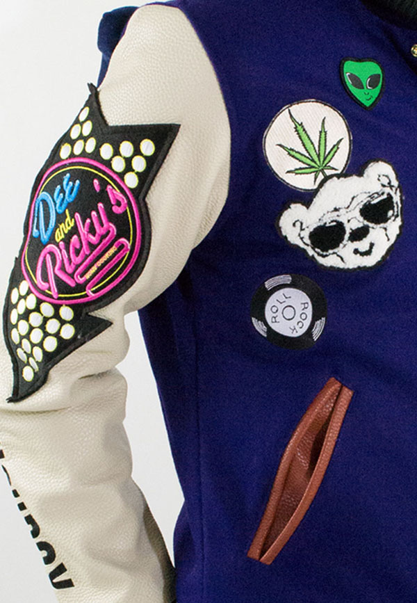 Detailed view of the colorful and textured design on the Joyrich x Dee & Ricky Fall 2012 varsity jacket