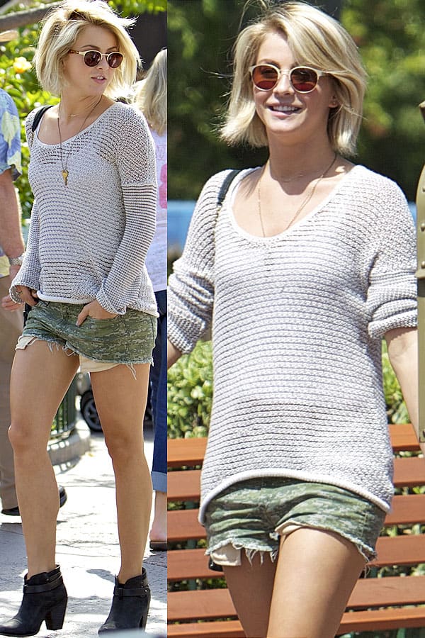 Julianne Hough styles a knit top with camo cutoff shorts at Disneyland, showcasing her casual chic look