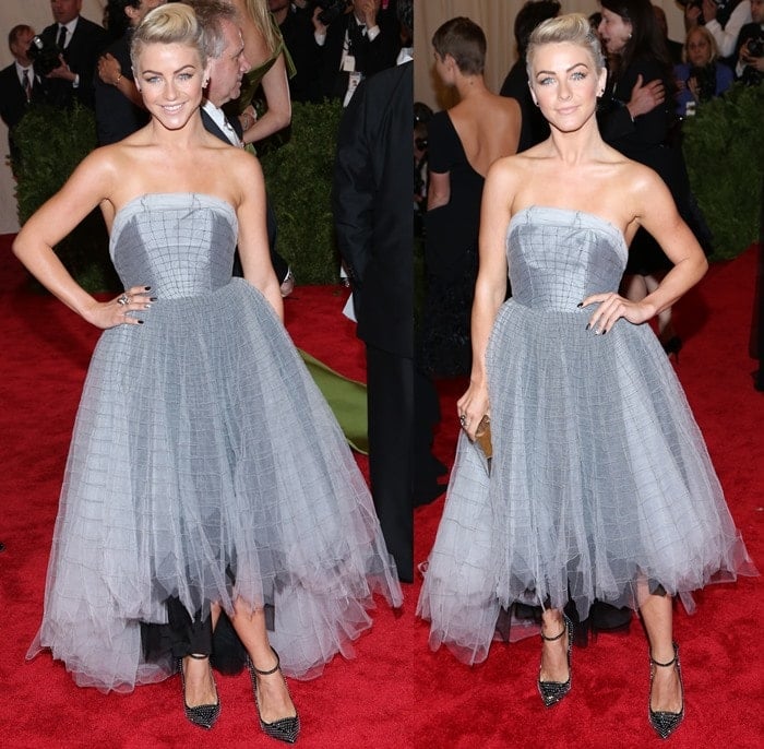 Julianne Hough in glittering Giuseppe Zanotti shoes and a silvery tea-length dress