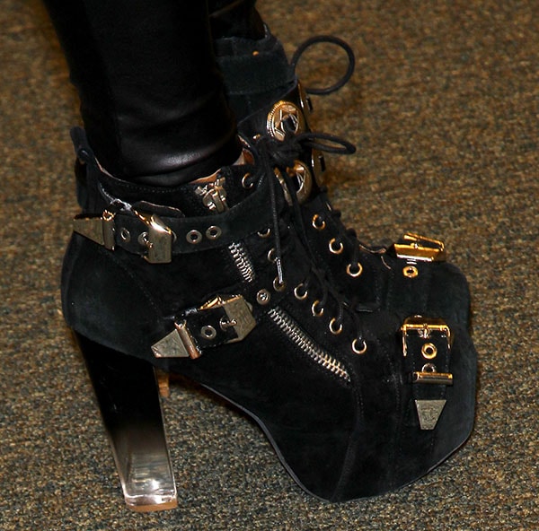 Closeups of Kat Von D's tough Jeffrey Campbell Lita boots, which are iconic for their chunky platform, bold buckled design, and edgy appeal