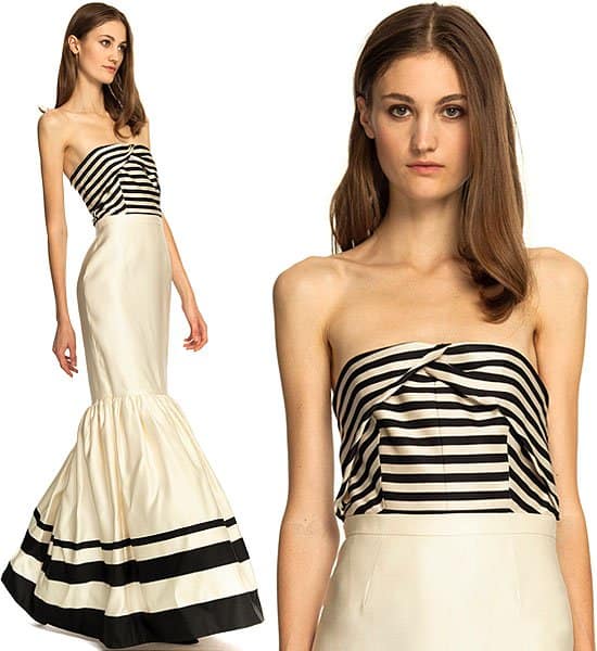 Make a grand entrance in Katie Ermilio's Fit & Flare Multistripe Gown, available for $4,500, featuring dynamic stripes for a bold fashion statement