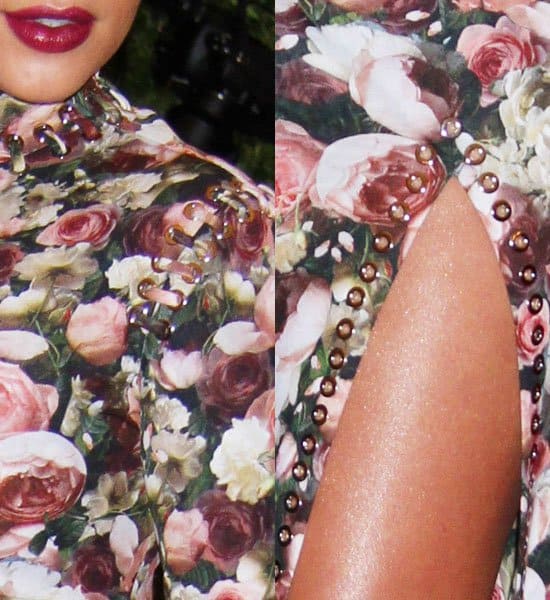 Detail Focus: A close-up of the eyelet and lace-up details on Kim Kardashian's Givenchy fall 2013 floral-print gown, an unexpected choice for the punk-themed Met Gala