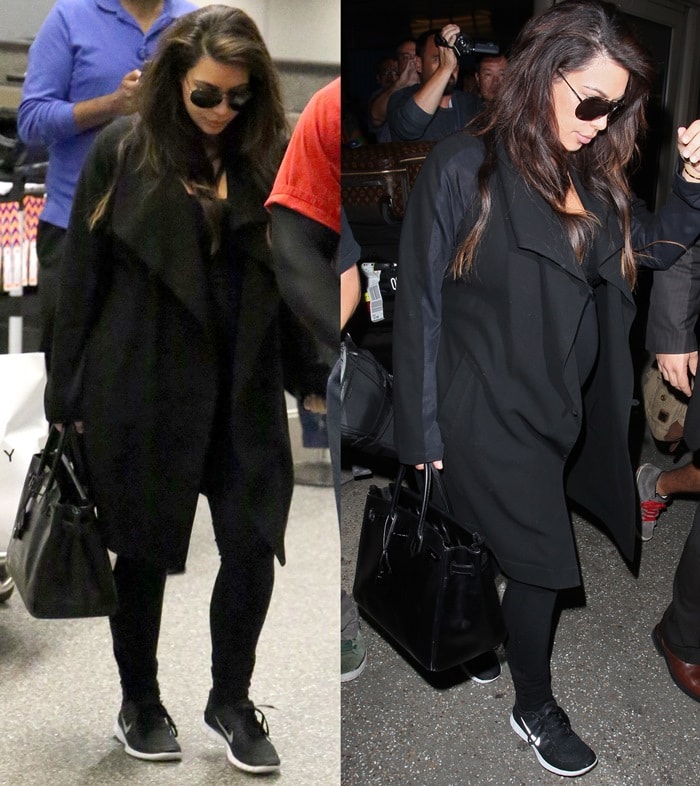 Pregnant Kim Kardashian in black jeans, a black top, and a black overcoat