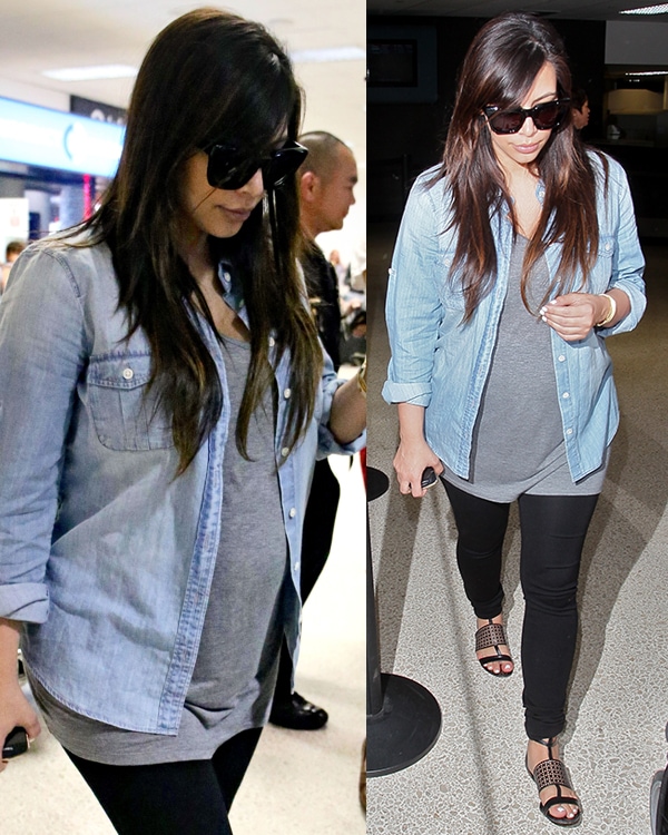 Kim Kardashian wears a denim button-down shirt