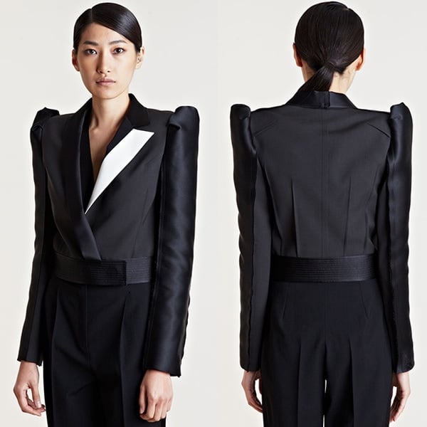 Detail of Lanvin's Contrast Panel Cropped Jacket highlighting modern tailoring and chic design