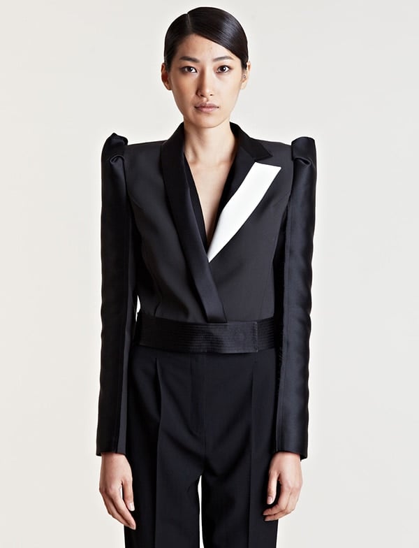 Close-up of the Lanvin Contrast Panel Cropped Jacket with unique satin and wool blend design - £2,029
