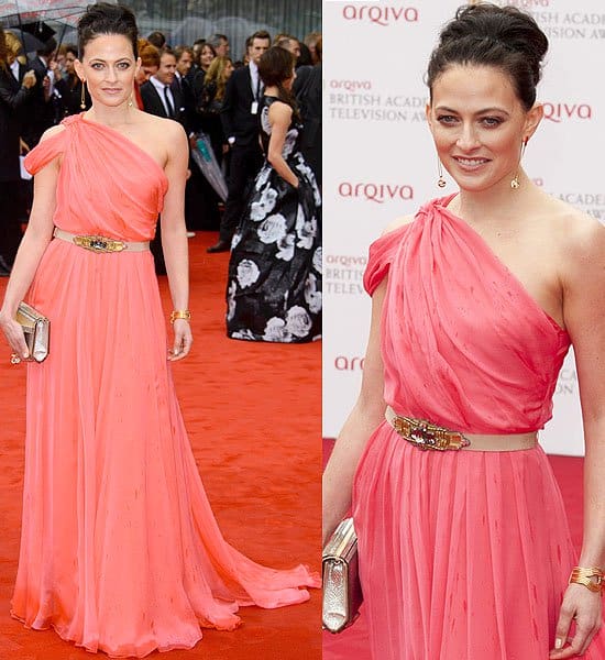 Lara Pulver's chiffon gown captures the imprint of every raindrop during the 2013 Arqiva British Academy Television Awards in London
