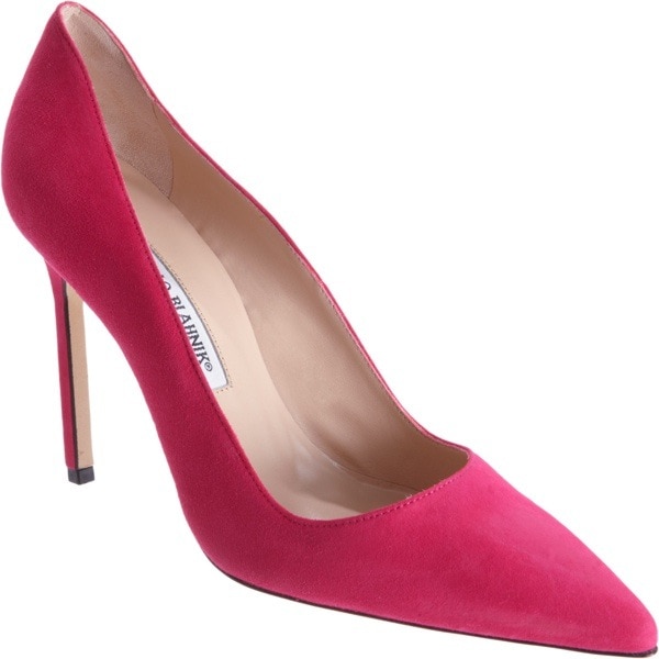 Detailed view of the luxurious Manolo Blahnik Suede BB Pumps priced at $595 – a splurge-worthy addition to any shoe collection
