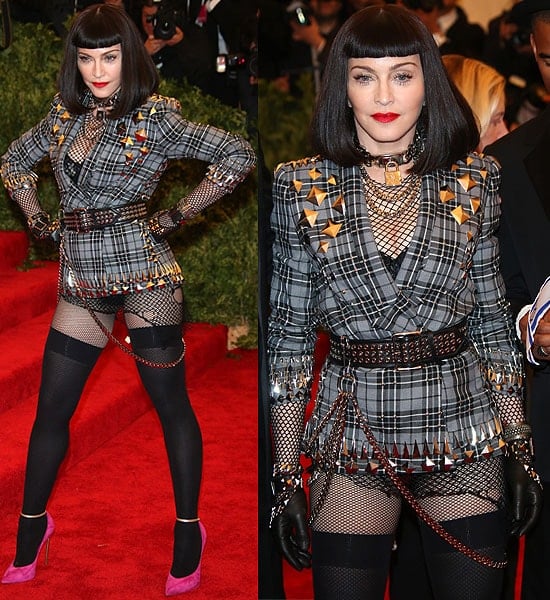 Madonna makes a bold statement at the Met Gala 2013 in a plaid Givenchy jacket, embodying the night's punk theme