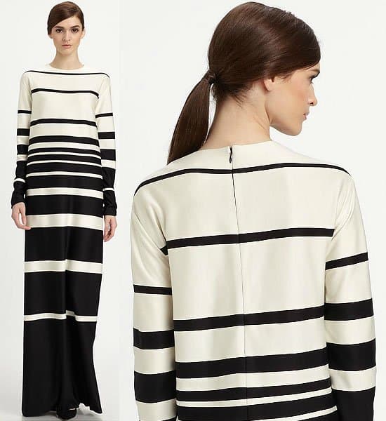 This Marc Jacobs striped silk gown, available for $1,900, offers a luxurious twist on the traditional stripe with its delicate silk fabric