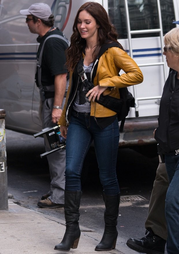 Megan Fox opts for a yellow leather jacket on the set of the Teenage Mutant Ninja Turtles