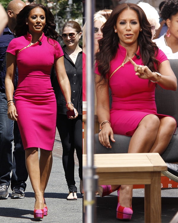 Melanie Brown looking hot in a pink midi dress by Alexander McQueen before appearing on the entertainment news show Extra
