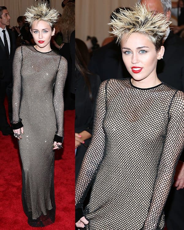 Miley Cyrus sports a messy do and a mesh Marc Jacobs gown, giving off a sexy-punk vibe at the Met Gala