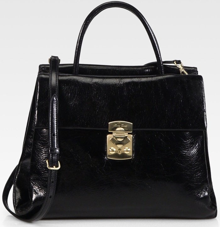 Miu Miu Shiny 'Vitello' Top Handle Bag in sleek black, available for $1,450
