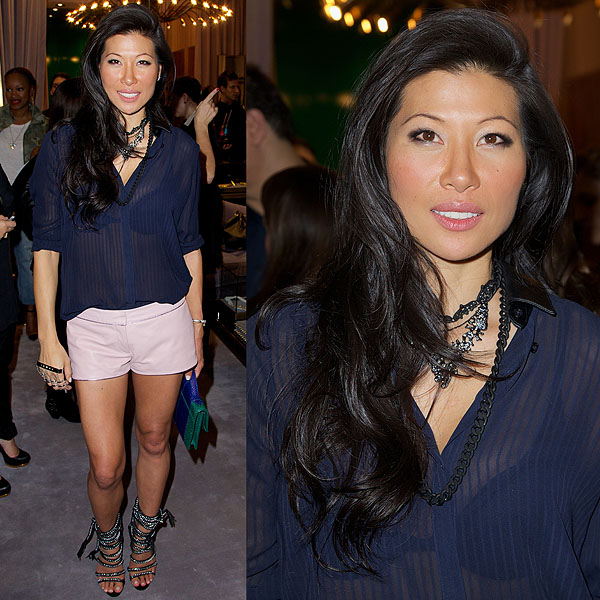 Designer Monika Chiang at Eve's listening party, showcasing her own 'Imena' sandals