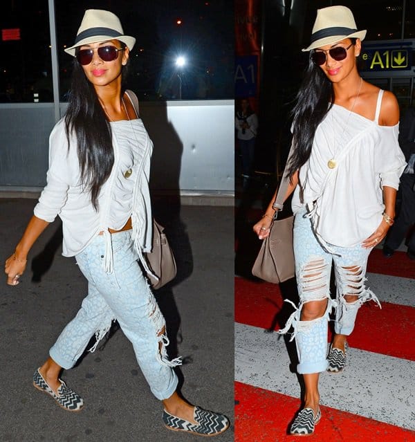 Nicole Scherzinger stylishly dressed in One Teaspoon Surrender Super Baggies, accessorized with a Hermes Jypsiere saddle bag, Prada Leather Top Handle Tote, Ray-Ban Aviator sunglasses, and Matt Bernson Gitanes Pony Flats in black and white