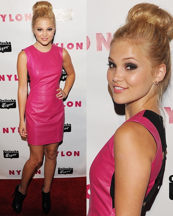 Olivia Holt exuded stunning style in a pink leather dress by Mason by Michelle Mason at Nylon Magazine's Young Hollywood Party