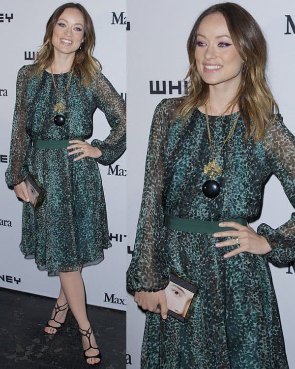 Olivia Wilde attended the Whitney Museum Art Party on May 1, 2013, accessorized with an Anya Hindmarch Dutchess Lady clutch and Stuart Weitzman Latenite T-strap sandals