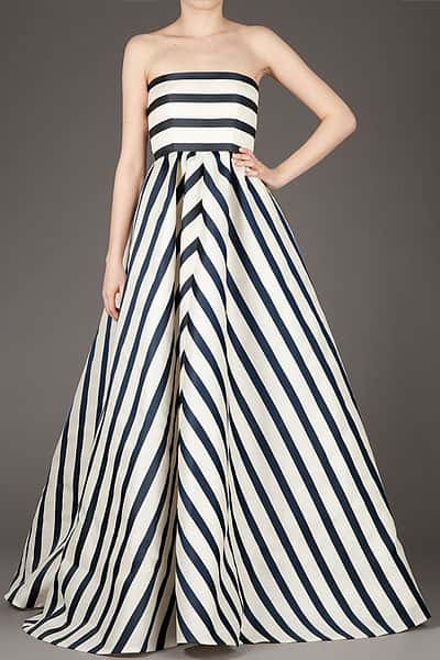 This Oscar de la Renta striped evening dress, costing $7,400, epitomizes luxury with its exquisite design and striking striped pattern