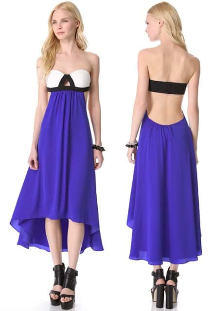 Ultraviolet strapless dress with bold color-blocking and an uneven hem