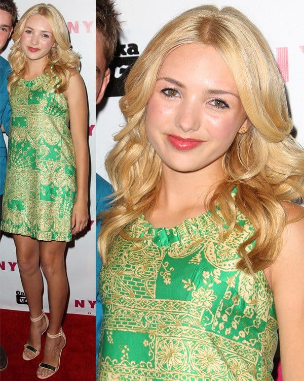 Peyton List in a beautiful green dress adorned with gold embroideries, exuding elegance and grace at Nylon Magazine's Young Hollywood Party