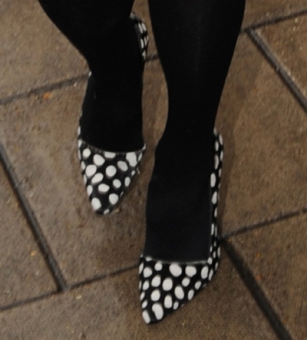 Pippa Middleton steps out in chic Alice + Olivia 'Dina' pumps featuring a playful black-and-white polka dot pattern