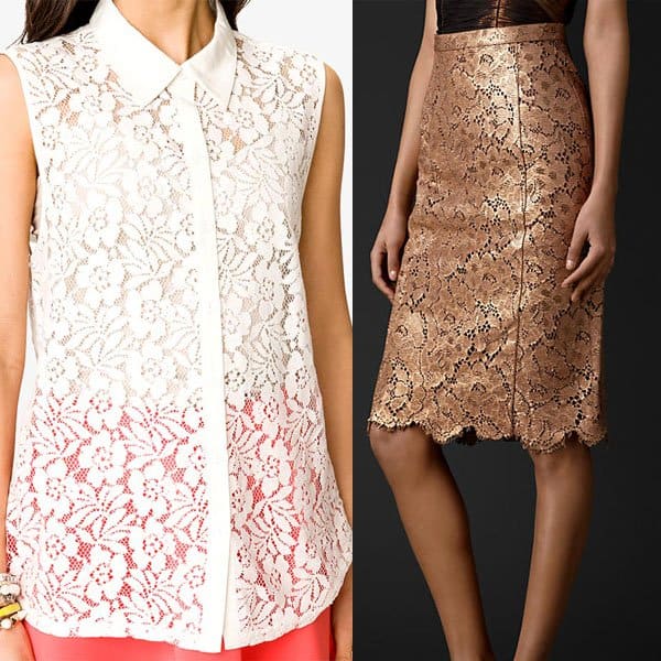 Lace top paired with a laser-cut leather pencil skirt