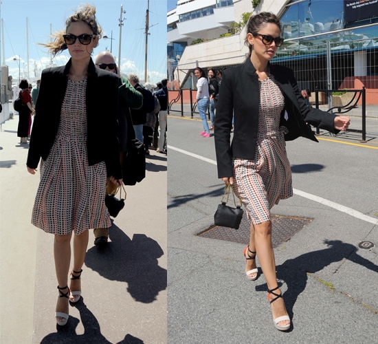 At the Cannes Film Festival on May 20, 2013, Rachel Bilson looked effortlessly chic in an Isabel Marant Melissa printed dress, paired with Christian Louboutin Summerissima pumps, accessorized with a Chloe Elsie Mini Bag in black, and shielded her eyes with Ray-Ban RB4105 710 Wayfarer folding classic sunglasses in tortoise
