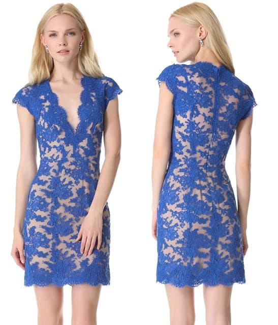Reem Acra puts a fresh, sexy twist on a slim royal blue cocktail dress, cutting the feminine silhouette from an exquisite blend of mesh and lace