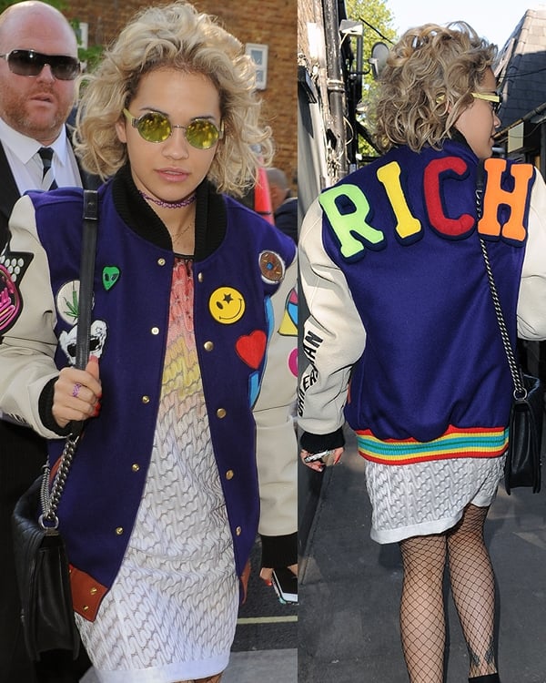 Rita Ora steps out in North London sporting a varsity jacket and fishnets, blending masculine and feminine fashion seamlessly